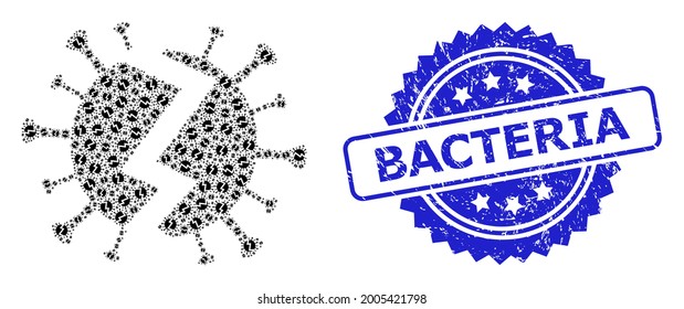 Virus rotos del sello de la bacteria y del colaje de la recursión vectorial. El sello azul tiene el título de bacterias dentro de la roseta. El collage de vectores se crea a partir de elementos de virus rotados aleatoriamente.