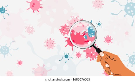 Bakterien unter der Vergrößerung. Hand, die die Vergrößerung hält. Bakterielle Oberfläche. Konzept der Isolation von Coronavirus. Weltweite Epidemie. Illustration zur Quarantäne und Vektorillustration im Gesundheitswesen für mehrfache Verwendung. 