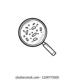 Bacteria under magnifying glass hand drawn outline doodle icon. Microorganism, virus, microbiology, illness vector sketch illustration for print, mobile and infographics on white background.