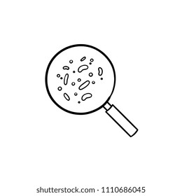Bacteria under magnifying glass hand drawn outline doodle icon. Microorganism, germ, illness, epidemy vector sketch illustration for print, mobile and infographics on white background.