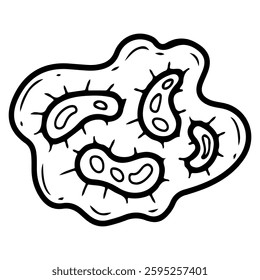 Bacteria under microscope. Hand drawn doodle. Rod-shaped bacterial cell in capsule. Laboratory study of virus. Vector outline art illustration.