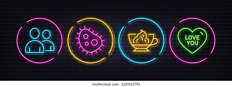 Bacteria, Usuarios y Iconos de línea mínima de crema de expreso. Luces 3d láser neón. Te amo íconos. Para web, aplicación, impresión. Antibacteriano, Pareja de personas, Cafe con panna. Cariño. Vector