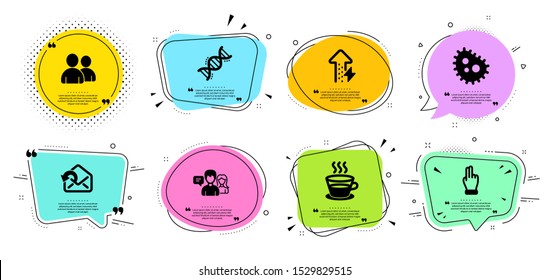 Bacteria, Users and People talking line icons set. Chat bubbles with quotes. Click hand, Coffee cup and Send mail signs. Chemistry dna, Energy growing symbols. Antibacterial, Couple of people. Vector