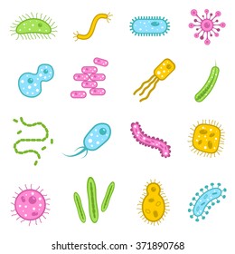 Bacteria and verus microscopic organisms flat icons set isolated vector illustration