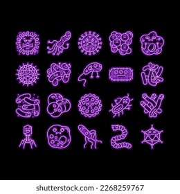 bacteria virus bacterium cell neon light sign vector. germ pathogen, disease biology microbe, micro microorganism, health medicine bacteria virus bacterium cell Illustrations