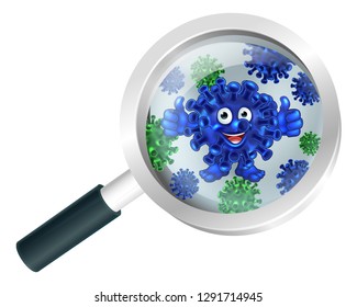 A bacteria or virus cartoon mascot under a magnifying glass