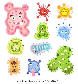 bacteria and virus cartoon.EPS10 File - simple Gradients, no Effects, no mesh, no Transparencies.All in separate layer and group for easy editing.