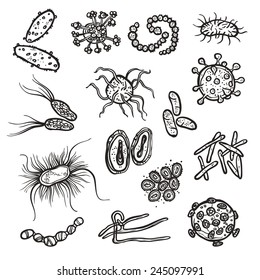 Bacteria and virus cell black sketch decorative icons set isolated vector illustration