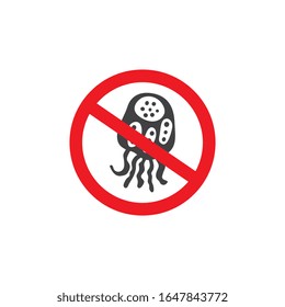 Bacteria or virus cell icon crossed by prohibitory sign, vector illustration isolated on white background. Biological purity and prohibition of infection spread.