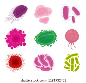 Bacteria and virus cells isolated on white background. Microorganisms, pandemic viruses, fungi. Vector illustration. Flat style.