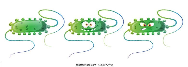 Bacteria virus funny and angry isolated cartoon germ green microbe with tentacles. Vector smiling monster emoticon, kids or children bacterial infection character with eyes and back view
