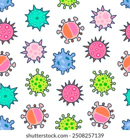 Bacterias, virus, gérmenes, microbios y patógenos. Patrón sin fisuras. Atención médica. Estilo dibujado a mano. Dibujo de Vector. Diseña adornos.