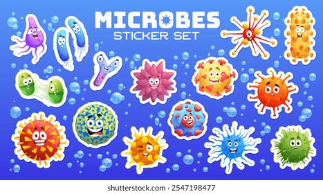 Bacterias, virus y pegatinas de gérmenes paquete de personajes de monstruos de microbios de dibujos animados. Vector de células de virus de color divertido, gérmenes, bacterias de enfermedades infecciosas y microorganismos de la flora intestinal Personajes Pegatinas