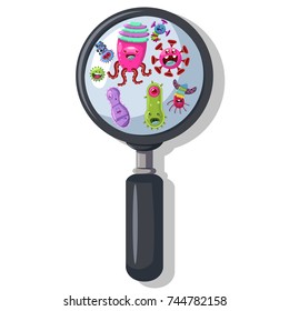 Bacteria, virus, germ under the magnifying glass. Cute monster, microbe and pathogen vector cartoon character isolated on background.