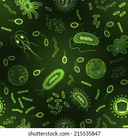 Bacteria virus and germs microorganism cells green inversion seamless pattern vector illustration