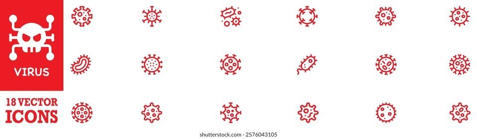 Bacteria, virus icon set. A set of line icons related to infectious diseases. Covid, tb, pox, HIV, malaria, dengue, Zika, cough, handwash, social distancing, flu, and so on. Vector Illustration. EPS 1