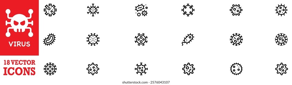 Bacteria, virus icon set. A set of line icons related to infectious diseases. Covid, tb, pox, HIV, malaria, dengue, Zika, cough, handwash, social distancing, flu, and so on. Vector Illustration. EPS 1