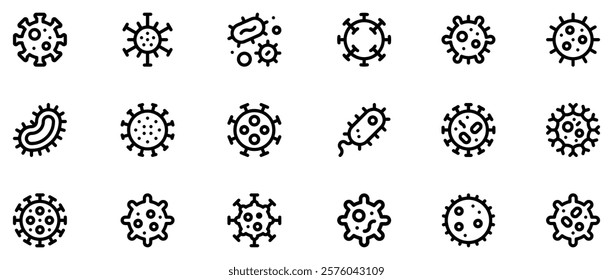 Bacteria, virus icon set. A set of line icons related to infectious diseases. Covid, tb, pox, HIV, malaria, dengue, Zika, cough, handwash, social distancing, flu, and so on. Vector Illustration. EPS 1