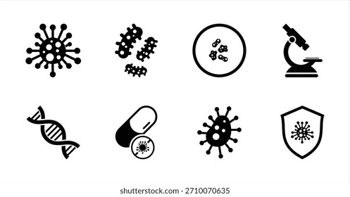 Conjunto de ícones de bactérias e vírus com microscópio e símbolo de DNA	
