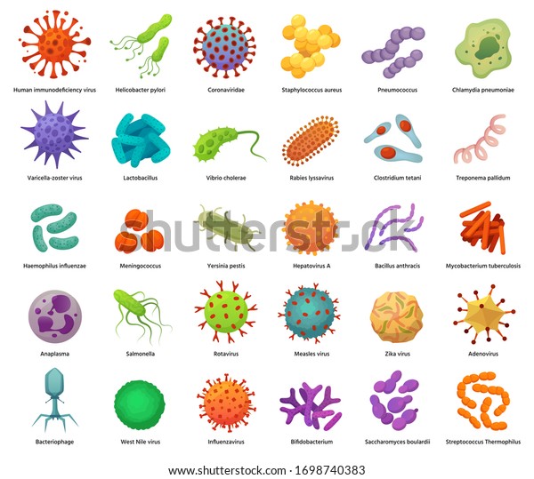 Bacteria and\
virus icons. Disease-causing bacterias, viruses and microbes. Color\
germs, bacterium types vector illustration set. Coronavirus and\
bacterium, pathogen hepatovirus and\
zika