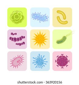 Bacteria and virus icons set. Biology, science microbiology, microbe infection, vector flat illustration