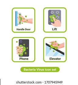 bacteria virus infection from hand contact in public area and gadget collection icon set in cartoon flat illustration 