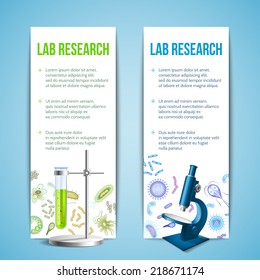 Bacteria and virus lab research vertical banners with test tube and microscope isolated vector illustration