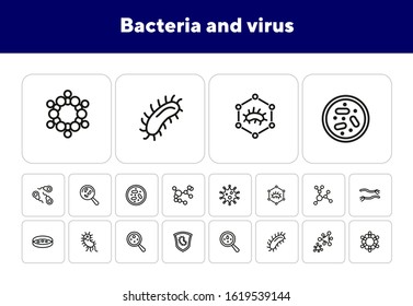 Bacteria and virus line icon set. Lens, bacteria, virus. Science concept. Vector illustration can be used for topics like biology, nature, investigation, laboratory