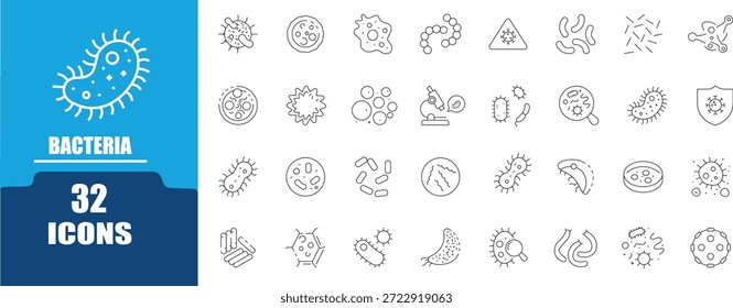 Bacterias y virus   Conjunto de iconos de línea. Contiene iconos relacionados con las bacterias, células de virus, microbios, infecciones bacterianas y más. Colección de iconos de contorno. Trazo editable.