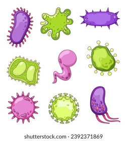 Bacteria and virus. Microorganisms and germs, bacterium types. Hand drawn style. Vector drawing. Collection of design elements.
