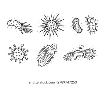 Bacteria and virus microorganisms set. Black and white hand-drawn line art microbiology microbes, germs, and coronavirus isolated on white background. Science and medical icon collection.