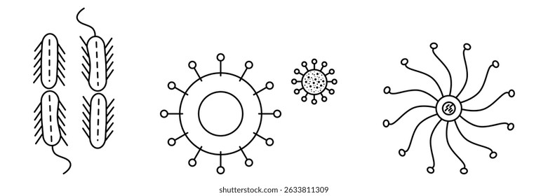 Bacteria and virus microscopic line icon set vector illustration for health science infection biology research lab educational materials.