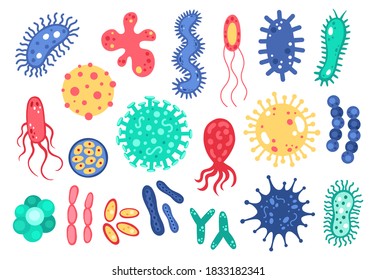 Bacteria and virus. Microscopic microorganism germs, infection cells and microbes, dangerous pathogenic virus, disease cells vector illustration set. Epidemic, influenza or flu, human health