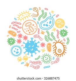 Bacteria and virus on a circular background, biology, science microbiology, microbe infection illustration colored vector