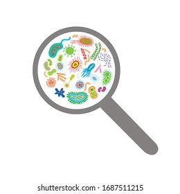 Bacteria and virus under the magnifying glass illustration