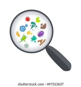 Bacteria and virus under the magnifying glass vector illustration