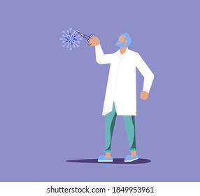 Bacteria, virus and vaccine research concept. Tiny researcher holding microbe. Flat Art Vector Illustration