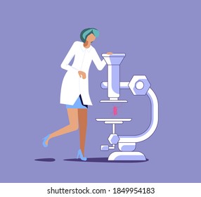 Bacteria, virus and vaccine research concept. Tiny researchers observing with huge microscope. Flat Art Vector Illustration