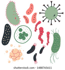 Bacteria and virus vector cartoon set isolated on a white background.