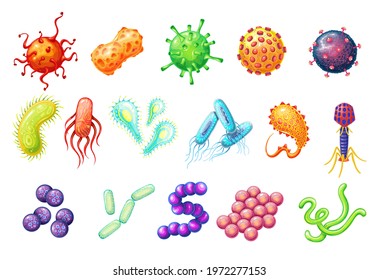 Bacteria and virus vector icons. Disease-causing bacterias, viruses and microbes. Germs, coronavirus, prokaryotes, bacteriophage, pathogen hepatovirus and different types of virus color illustration