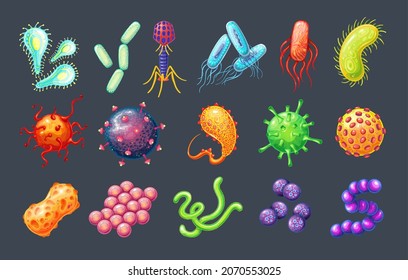 Bacteria and virus vector icons. Germs, coronavirus, prokaryotes, bacteriophage, pathogen hepatovirus and different types of virus color illustration. Disease-causing bacterias, viruses and microbes.