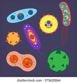 Bacteria virus vector icons set. Biology microorganisms, microbes germs and bacilli. Vector biology icons, medical virus icons, bugs isolated. Virus science microbe vector icons. Virus bacteria icons