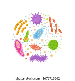 Bacteria and viruses in circle, micro-organisms disease-causing objects. Different types, bacteria, viruses, coronavirus, infusorium, streptococcus, fungi, protozoa. Vector illustration.