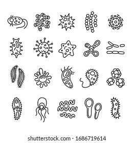 Recolección de bacterias y virus en forma plana, microorganismos y objetos causantes de enfermedades. Diferentes tipos, bacterias, virus, coronavirus, infusorio, estreptococcus, hongos, protozoos.