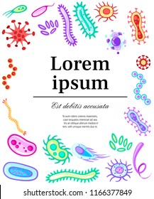 Bacteria and viruses. Colorful microorganisms collections. Flat vector bacteria, viruses, fungi, protozoa. Flat vector illustration with place for text. Concept design for website or advertising.