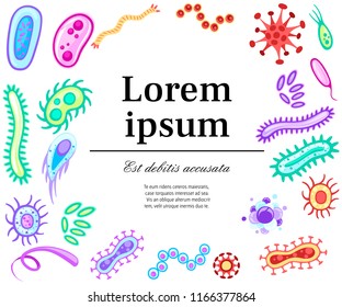Bacteria and viruses. Colorful microorganisms collections. Flat vector bacteria, viruses, fungi, protozoa. Flat vector illustration with place for text. Concept design for website or advertising.