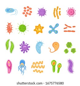 Bacteria and viruses colorful set, micro-organisms disease-causing objects. Different types, bacteria, viruses, coronavirus, infusorium, streptococcus, fungi, protozoa. Vector illustration.