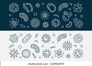 Bacteria, Viruses and Fungi horizontal banners - vector illustration in thin line style