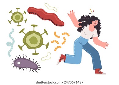 Bacteria and viruses or germs chase running woman who wants to protect herself from flu outbreak. Infectious viruses cause risk of contracting dangerous disease and spreading diseases leading to death