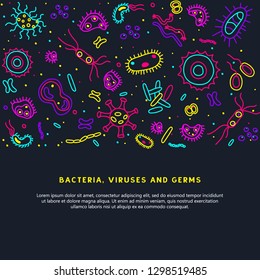 Bacteria, viruses and germs vector colorful banner. Collection of various microorganisms, fungi, protozoa on a dark background. Set of disease causing-microbes in neon colors with place for your text.